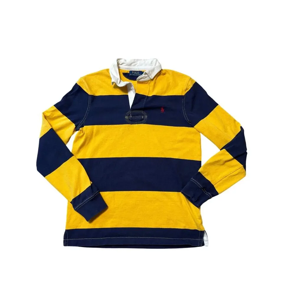 Polo Ralph Lauren Rugby Shirt Mens Small Yellow Navy Blue Striped Long Sleeve